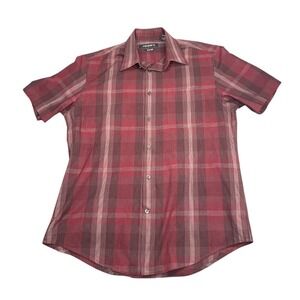 AXIST Mens Slim Fit Button Up Shirt Medium Maroon Plaid‎ Short Sleeve Pocket